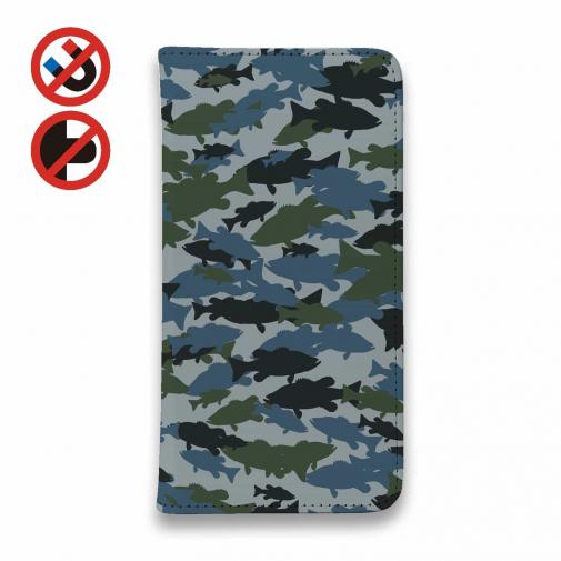 【手帳型ベルトなし】【Stick Case】ブラックバス　迷彩大柄　ブルー