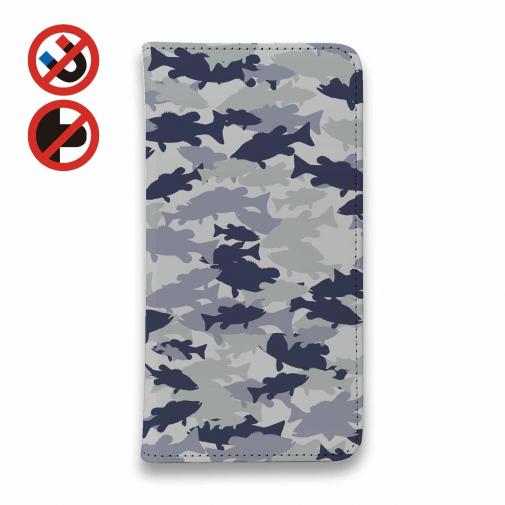 【手帳型ベルトなし】【Stick Case】ブラックバス　迷彩大柄　ライトブルー