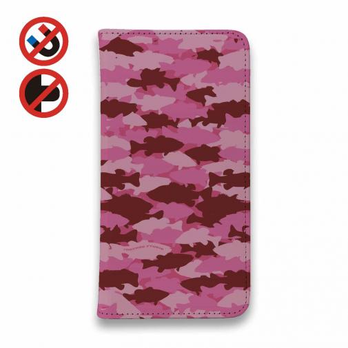 【手帳型ベルトなし】【Stick Case】HEDGEHOG STUDIO　迷彩柄　ブラックバス　バブルガムピンク