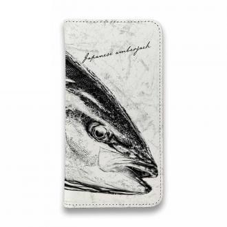 【手帳型ベルトなし】【Stick Case】鰤(ブリ)　墨絵風　白