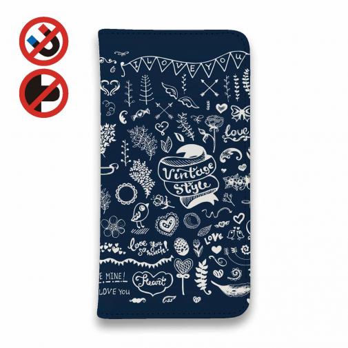 【手帳型ベルトなし】【Stick Case】ビンテージなイラスト　ブルー