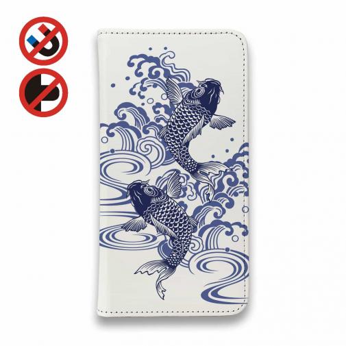 【手帳型ベルトなし】【Stick Case】タトゥー風昇り鯉　ブルー&ホワイト