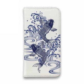 【手帳型ベルトなし】【Stick Case】タトゥー風昇り鯉　ブルー&ホワイト