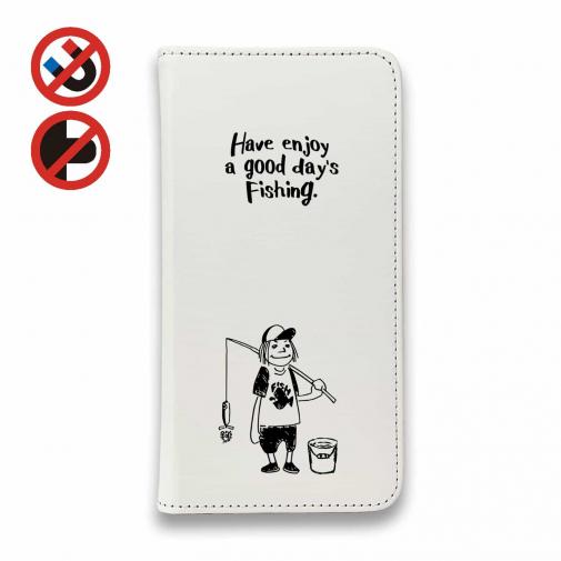 【手帳型ベルトなし】【Stick Case】【釣りざんまい】 一日釣りを楽しむアングラー_ホワイト