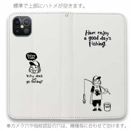 【手帳型ベルトなし】【Stick Case】【釣りざんまい】 一日釣りを楽しむアングラー_ホワイト