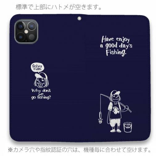 【手帳型ベルトなし】【Stick Case】【釣りざんまい】 一日釣りを楽しむアングラー_ネイビー