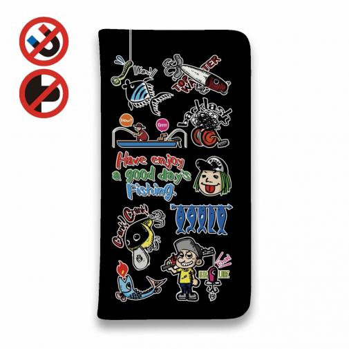 【手帳型ベルトなし】【Stick Case】【釣りざんまい】魚釣りに出かけよう!_カラフルブラック