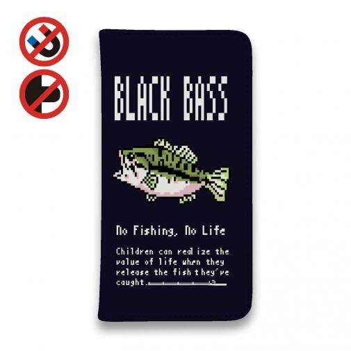 【手帳型ベルトなし】【Stick Case】【釣りざんまい】ドット絵のブラックバス_カラフルダークネイビー