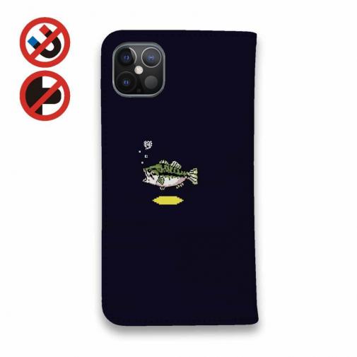 【手帳型ベルトなし】【Stick Case】【釣りざんまい】ドット絵のブラックバス_カラフルダークネイビー