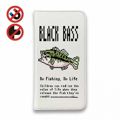 【手帳型ベルトなし】【Stick Case】【釣りざんまい】ドット絵のブラックバス カラフルホワイト