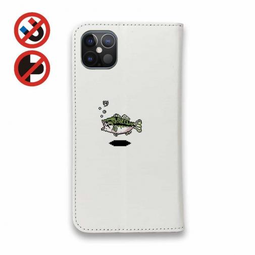 【手帳型ベルトなし】【Stick Case】【釣りざんまい】ドット絵のブラックバス カラフルホワイト