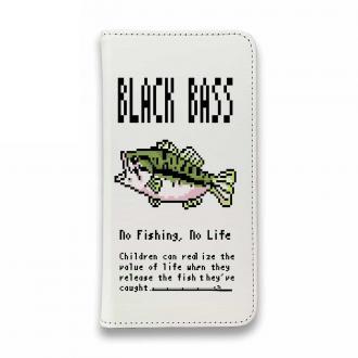 【手帳型ベルトなし】【Stick Case】【釣りざんまい】ドット絵のブラックバス カラフルホワイト