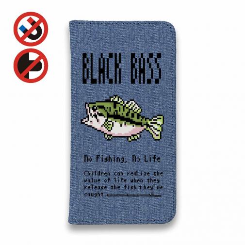 【手帳型ベルトなし】【Stick Case】【釣りざんまい】ドット絵のブラックバス_カラフルデニム風
