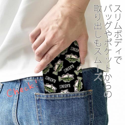 【手帳型ベルトなし】【Stick Case】【釣りざんまい】ドット絵のブラックバスがいっぱい_カラフルブラック