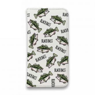 【手帳型ベルトなし】【Stick Case】【釣りざんまい】ドット絵のブラックバスがいっぱい_カラフルホワイト