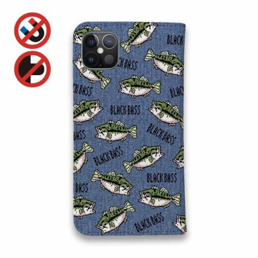 【手帳型ベルトなし】【Stick Case】【釣りざんまい】ドット絵のブラックバスがいっぱい_カラフルデニム風
