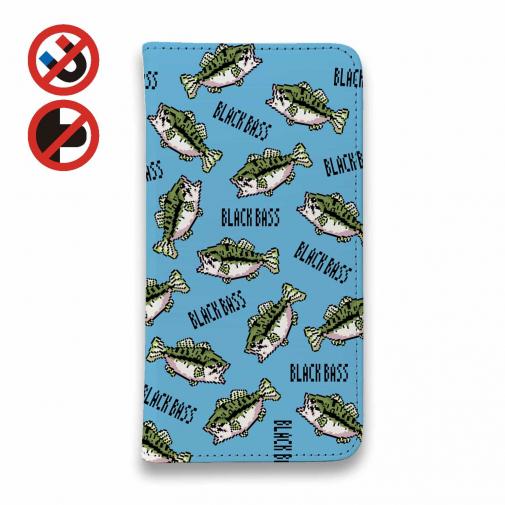 【手帳型ベルトなし】【Stick Case】【釣りざんまい】ドット絵のブラックバスがいっぱい_カラフルスカイブルー