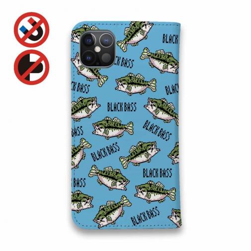 【手帳型ベルトなし】【Stick Case】【釣りざんまい】ドット絵のブラックバスがいっぱい_カラフルスカイブルー