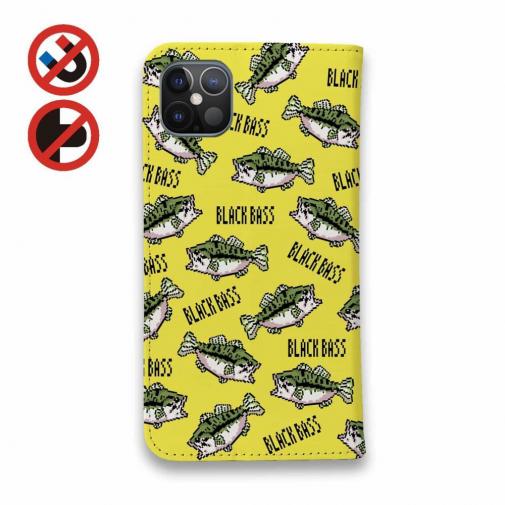 【手帳型ベルトなし】【Stick Case】【釣りざんまい】ドット絵のブラックバスがいっぱい_カラフルイエロー