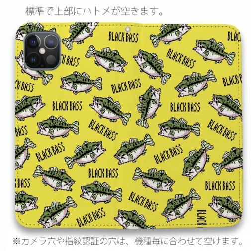 【手帳型ベルトなし】【Stick Case】【釣りざんまい】ドット絵のブラックバスがいっぱい_カラフルイエロー
