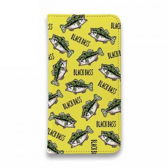 【手帳型ベルトなし】【Stick Case】【釣りざんまい】ドット絵のブラックバスがいっぱい_カラフルイエロー