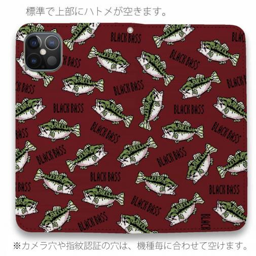 【手帳型ベルトなし】【Stick Case】【釣りざんまい】ドット絵のブラックバスがいっぱい_カラフルレッド