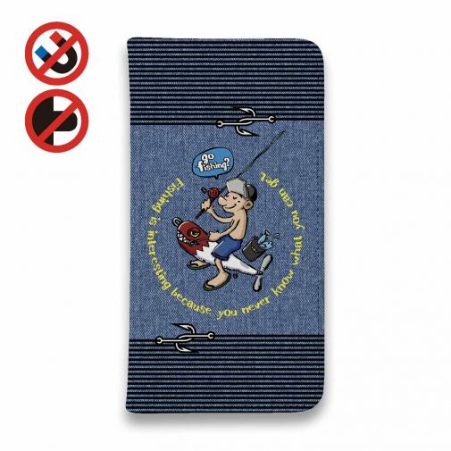 【手帳型ベルトなし】【Stick Case】【釣りざんまい】ルアーを乗りこなすアングラー_カラフルデニム風