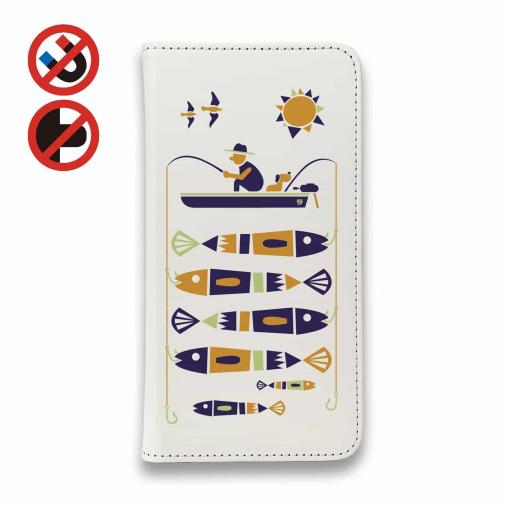 【手帳型ベルトなし】【Stick Case】【釣りざんまい】愛犬と釣りを楽しむアングラー_カラフルホワイト