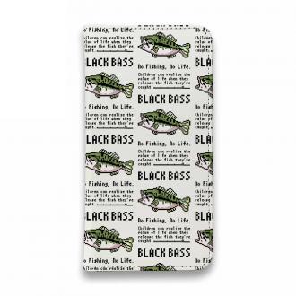 【手帳型ベルトなし】【Stick Case】【釣りざんまい】ドット絵のブラックバス_英字新聞風ホワイト