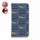 【手帳型ベルトなし】【Stick Case】【釣りざんまい】ドット絵のブラックバス_英字新聞風デニム