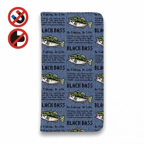 【手帳型ベルトなし】【Stick Case】【釣りざんまい】ドット絵のブラックバス_英字新聞風デニム
