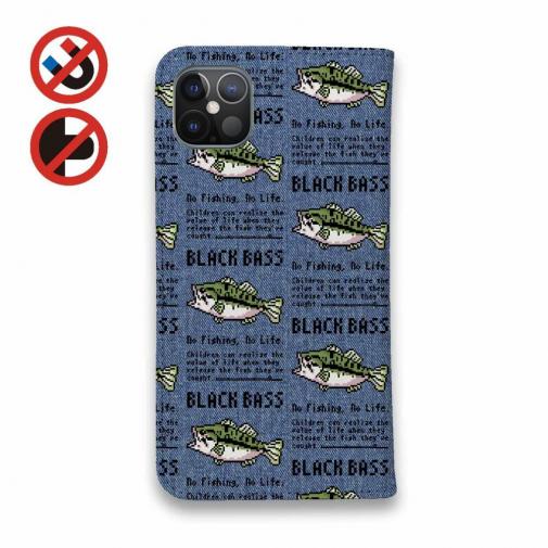 【手帳型ベルトなし】【Stick Case】【釣りざんまい】ドット絵のブラックバス_英字新聞風デニム