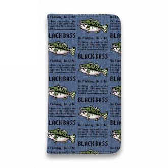 【手帳型ベルトなし】【Stick Case】【釣りざんまい】ドット絵のブラックバス_英字新聞風デニム