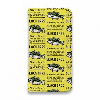 【手帳型ベルトなし】【Stick Case】【釣りざんまい】ドット絵のブラックバス_英字新聞風イエロー