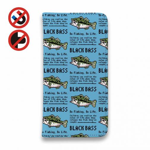 【手帳型ベルトなし】【Stick Case】【釣りざんまい】ドット絵のブラックバス_英字新聞風スカイブルー