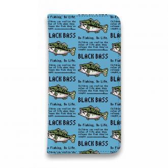 【手帳型ベルトなし】【Stick Case】【釣りざんまい】ドット絵のブラックバス_英字新聞風スカイブルー
