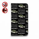 【手帳型ベルトなし】【Stick Case】【釣りざんまい】ドット絵のブラックバス_英字新聞風ブラック