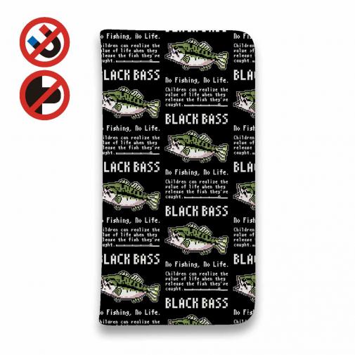 【手帳型ベルトなし】【Stick Case】【釣りざんまい】ドット絵のブラックバス_英字新聞風ブラック