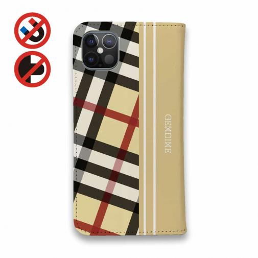 【Genuine】【手帳型ベルトなし】【Stick Case】チェック柄　ベージュ＆クリーム