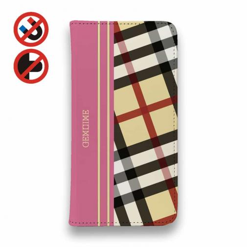 【Genuine】【手帳型ベルトなし】【Stick Case】チェック柄 ベージュ&ピンク