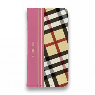 【Genuine】【手帳型ベルトなし】【Stick Case】チェック柄　ベージュ＆ピンク