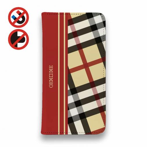 【Genuine】【手帳型ベルトなし】【Stick Case】チェック柄 ベージュ&レッド