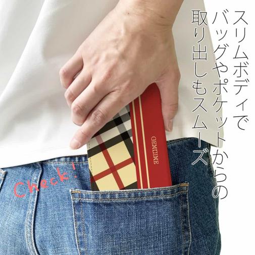 【Genuine】【手帳型ベルトなし】【Stick Case】チェック柄　ベージュ＆レッド