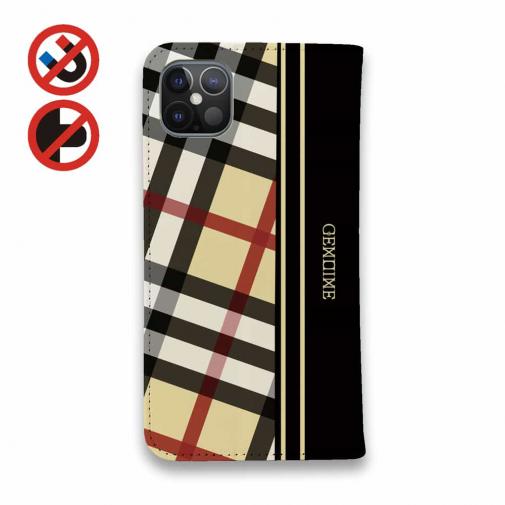 【Genuine】【手帳型ベルトなし】【Stick Case】チェック柄　ベージュ＆ブラック