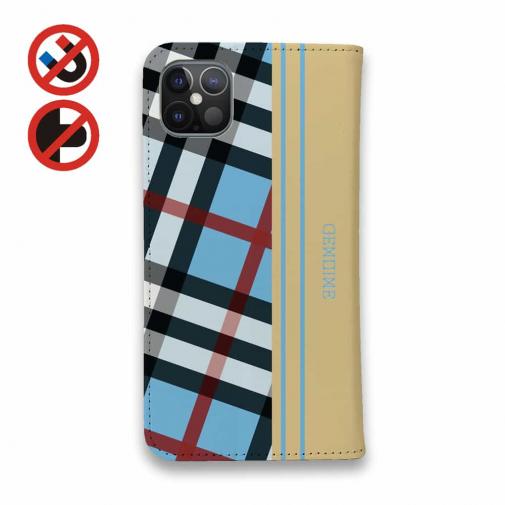 【Genuine】【手帳型ベルトなし】【Stick Case】チェック柄　ブルー＆クリーム