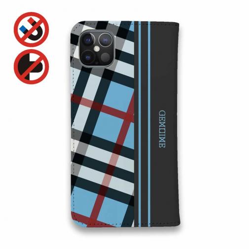 【Genuine】【手帳型ベルトなし】【Stick Case】チェック柄　ブルー＆グレー