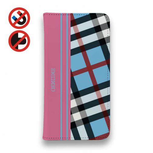 【Genuine】【手帳型ベルトなし】【Stick Case】チェック柄 ブルー&ピンク