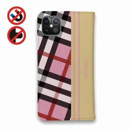 【Genuine】【手帳型ベルトなし】【Stick Case】チェック柄　ピンク＆クリーム