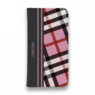 【Genuine】【手帳型ベルトなし】【Stick Case】チェック柄　ピンク＆グレー