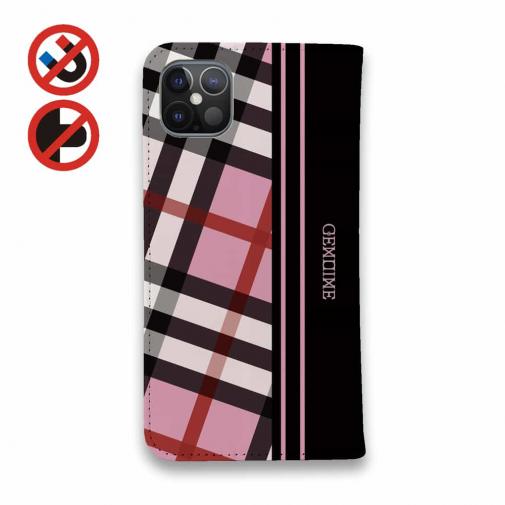 【Genuine】【手帳型ベルトなし】【Stick Case】チェック柄　ピンク＆ブラック